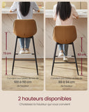 VASAGLE Tabourets de Bar, Lot de 2, Tabourets de Cuisine, Ergonomique, PU, Structure Métallique avec Pieds Réglables Articulés, 73 cm de Hauteur, Bar, Montage Facile, Marron Chameau LBC888K01