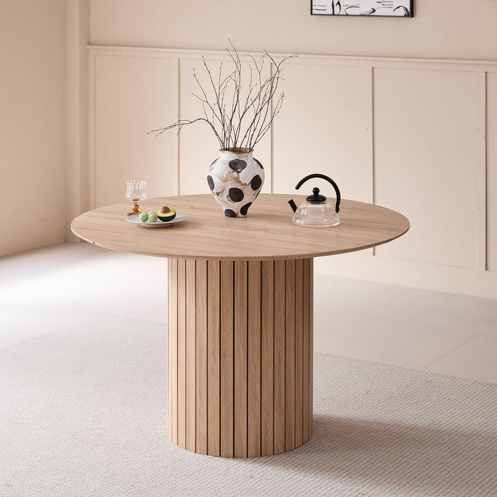 BenyLed Table de Salle à Manger Ronde de 120 cm pour 4-6 Personnes, Table de Cuisine Fermière avec Base Cylindrique, Plateau en MDF et Socle à Lattes en Bois (Grain de Bois Clair)