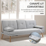 HOMCOM Canapé Convertible 3 Places Design scandinave Inclinaison Dossier réglable 3 Niveaux Dossier Centrale Rabattable 2 Porte-Verres Bois Massif Lin Gris Clair