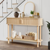 RARZOE Table console cannelée, entièrement assemblée, avec porte coulissante et étagère de rangement, 2 niveaux derrière le canapé, table d'appoint pour salon, entrée, foyer, naturel