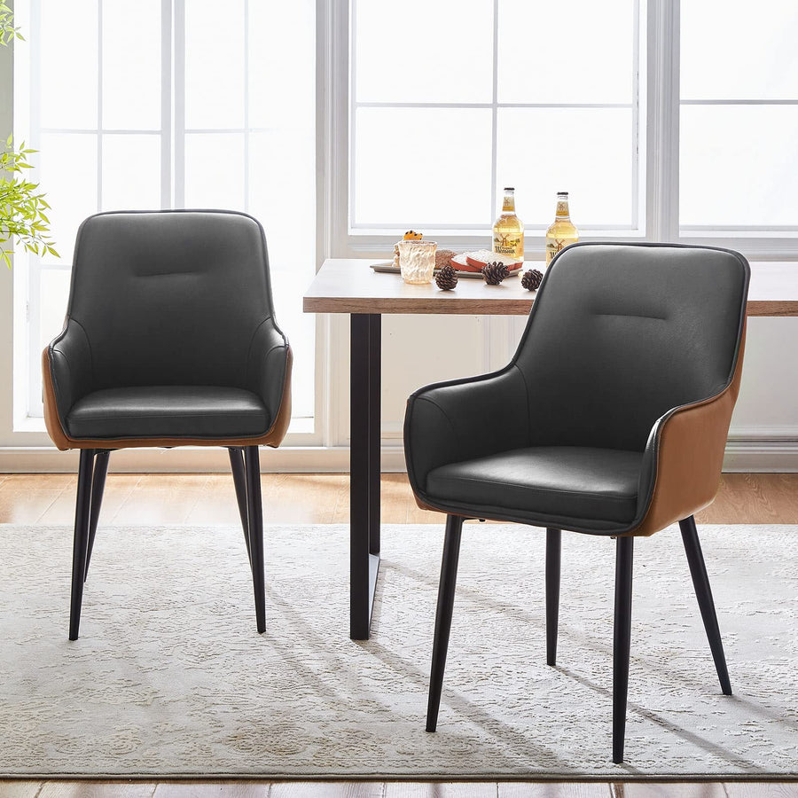 LEMROE Lot de 2 chaises de salle à manger en cuir avec dossier et accoudoirs - Chaises de salle à manger rembourrées avec pieds en métal (gris et marron) LEMROE Lot de 2 chaises de salle à manger en cuir avec dossier et accoudoirs - Chaises de salle à manger rembourrées avec pieds en métal (gris et marron)