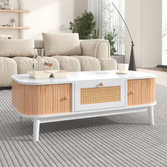 Sweiko Table basse en rotin blanc avec tiroirs en rotin et portes coulissantes avec lattes en bois massif, pieds en bois massif, 110 x 55 x 38,5 cm (L x l x H)