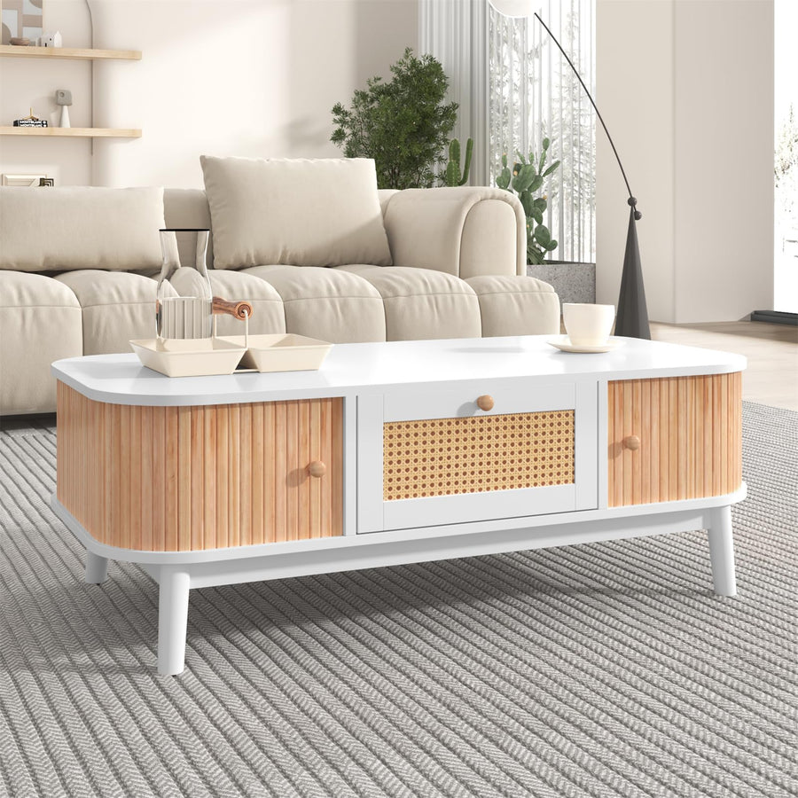 Sweiko Table basse en rotin blanc avec tiroirs en rotin et portes coulissantes avec lattes en bois massif, pieds en bois massif, 110 x 55 x 38,5 cm (L x l x H) Sweiko Table basse en rotin blanc avec tiroirs en rotin et portes coulissantes avec lattes en bois massif, pieds en bois massif, 110 x 55 x 38,5 cm (L x l x H)