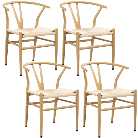 Yaheetech Lot de 4 Chaises de Salle à Manger Vintage Chaises Tressées de Cuisine avec Coussin de Siège en Corde de Papier Chaises de Chambre Cadre en Métal pour Cuisine Salon Jardin Bois
