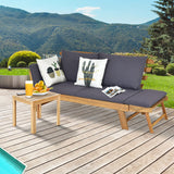 COSTWAY Canapé Lit de Jardin Convertible 2 Places en Bois d’Acacia avec Coussin, Canapé de Jardin 2 en 1 avec Accoudoir Réglable Charge 320KG, pour Patio Piscine Cour (Gris)