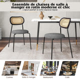 COSTWAY Lot de 2 Chaises de Salle à Manger en Rotin, Siège Ronde Rembourrée en Tissu de Lin, Design Cannage, Chaise Cuisine Hauteur d’Assise 46 cm, 4 Pieds en Métal, Style Bohême