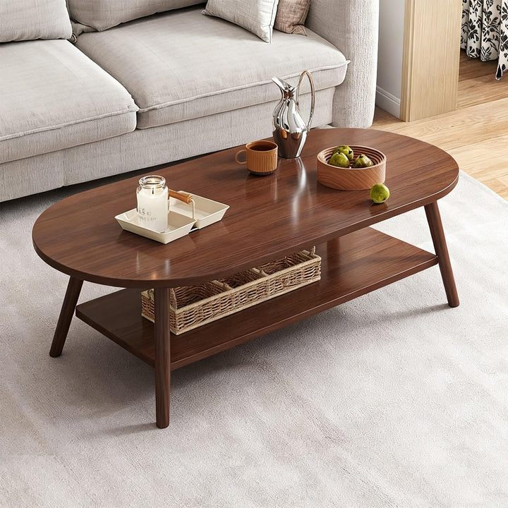 Table basse moderne de 80 à 120 cm – Table centrale minimaliste à 2 niveaux avec étagère de rangement – Design incurvé pour salon et bureau – Finition noyer foncé – Meuble élégant en bois