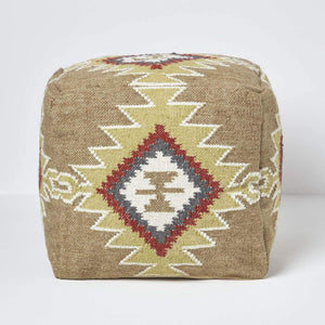 HOMESCAPES Pouf carré en Laine Kilim Jaipur, Pouf tressé à Motif géométrique, Pouf berbère et bohème déco 43 cm