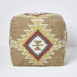 HOMESCAPES Pouf carré en Laine Kilim Jaipur, Pouf tressé à Motif géométrique, Pouf berbère et bohème déco 43 cm