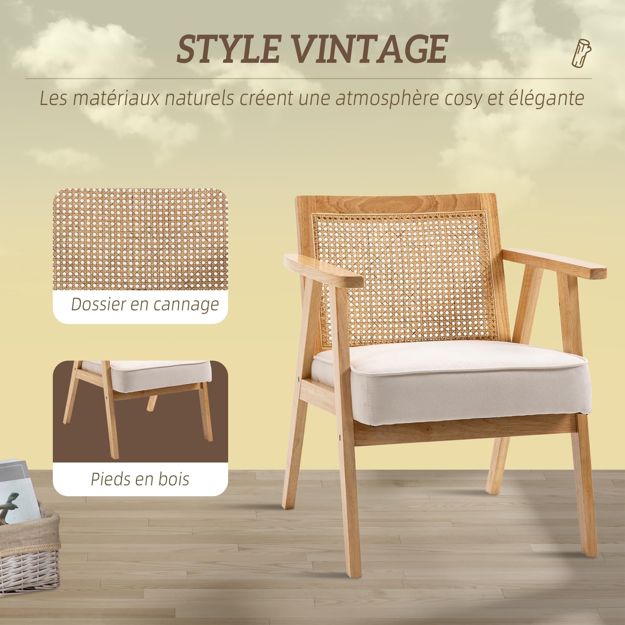 HOMCOM Fauteuil de Salon Confortable, Chaise en rotin avec Dossier en cannage, Coussin épais, Assise Profonde, Structure en Bois hévéa Tissu Aspect Lin Beige