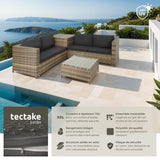 TecTake® Ensemble Salon de Jardin Exterieur en Poly Rotin 4 Personnes, 2 Canapés modulables, Coffre de Rangement et Table de Jardin en Verre Inclus, Mobilier de Jardin pour Amenagement Balcon