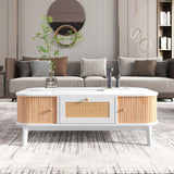 Sweiko Table basse en rotin blanc avec tiroirs en rotin et portes coulissantes avec lattes en bois massif, pieds en bois massif, 110 x 55 x 38,5 cm (L x l x H)