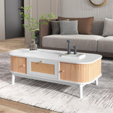 Sweiko Table basse en rotin blanc avec tiroirs en rotin et portes coulissantes avec lattes en bois massif, pieds en bois massif, 110 x 55 x 38,5 cm (L x l x H)