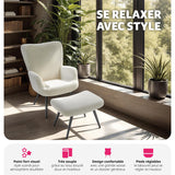 TecTake® Fauteuil Salon Confortable & Tabouret en Tissu bouclé Fauteuil Scandinave Moelleux avec Accoudoirs Chaise Ergonomique pour Salle à Manger, Chambre, Siege Bureau, Allaitement - Crème/Noir