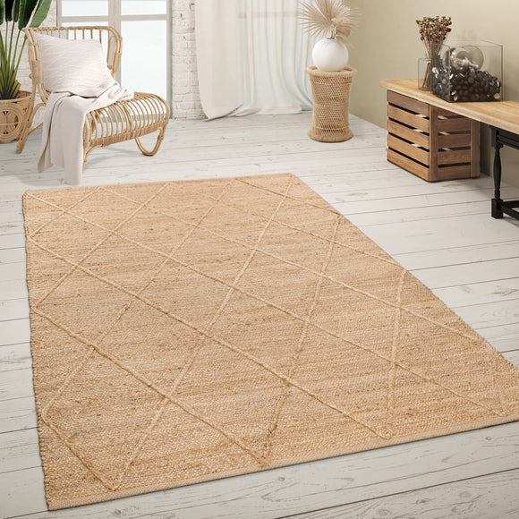 Paco Home Tapis De Salon Jute Fibres Naturelles Artisanal Motif 3D Scandinave Moderne, Dimension:160x230 cm, Couleur:Naturelle