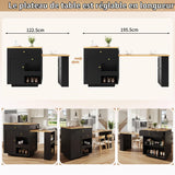 DHHU Îlot Central Cuisine avec Plan de Travail Extensible 122.5–195.5 cm, Table de Bar avec 3 Tiroir et 1 Porte de Rangement, Espace Rangement de Ouvert, pour 2-6 Personnes (Noir-6S)