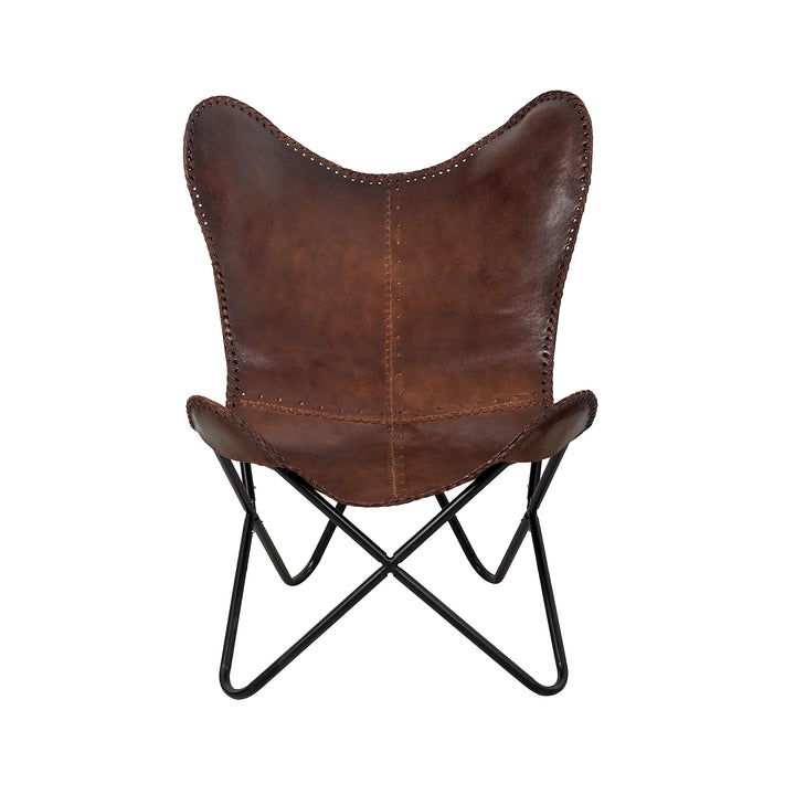 Chaise papillon vintage en cuir marron avec accoudoirs | Chaise papillon en cuir véritable marron clair pour décoration d'intérieur | Chaise faite à la main présentée par Shy Shy Let's The Sky