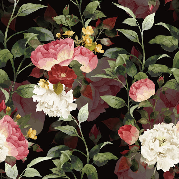 VEELIKE Papier Peint Fleuri Foncé Vintage Papier Peint Fleur Rose Aquarelle Papier Peint Adhesif Mural Botanique Noir Papier Collant pour Meuble Chambre Salle de Bain Armoire Amovible 44,5cm×300cm