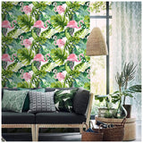 Floralplus Papier peint autocollant flamant rose - Papier peint amovible pour décoration d'intérieur - Papier peint floral vert pour meubles de salle de bain rénové - 45 x 300 cm