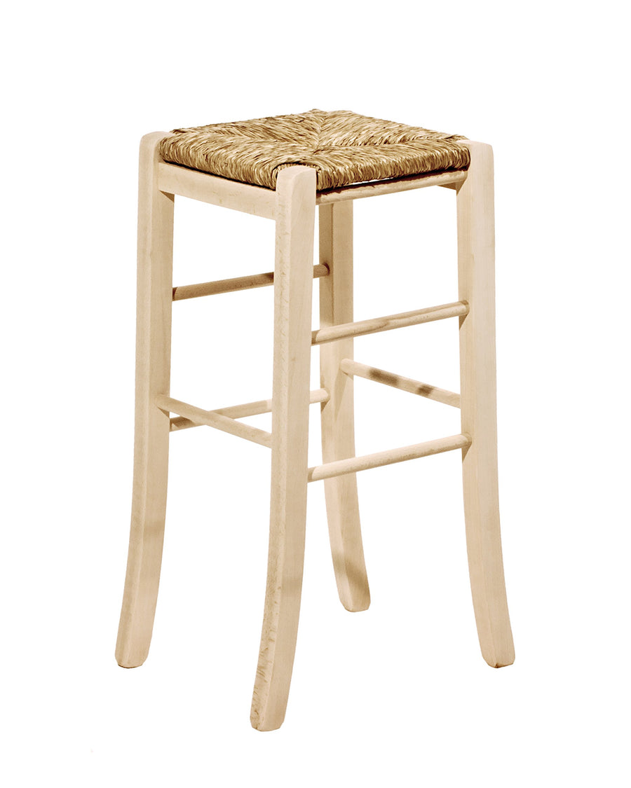 Tabouret carré en bois massif à vernir, de 67 cm de hauteur, avec siège en paille, déjà monté Tabouret carré en bois massif à vernir, de 67 cm de hauteur, avec siège en paille, déjà monté