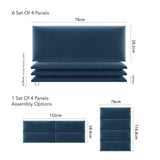 VANT Panneaux Muraux d'appoint Rembourrés - Paquet de 4 - Facile à Installer - Double Tête de lit King Size (En Velours Bleu Paon, 76cm de Large)
