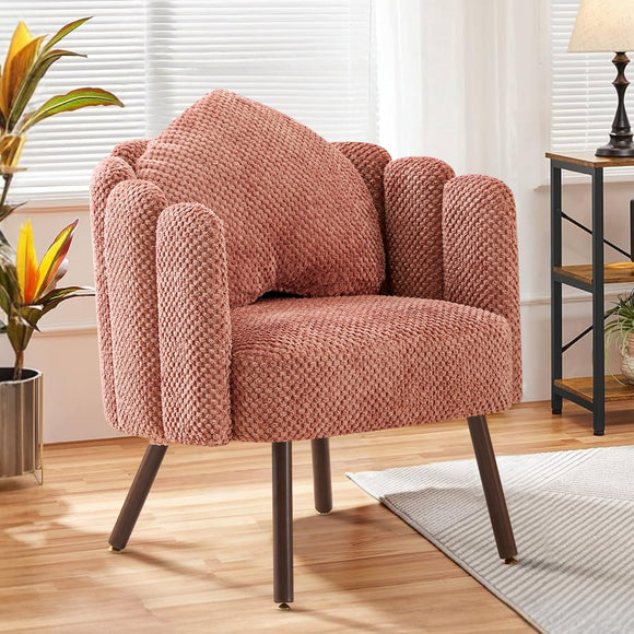 Ckaff Fauteuil de Salon avec Coussin, Fauteuil Coiffeuse avec Dossier Pétale, Chaise Coquillage avec Pied Bois Chaise Coiffeuse Coussin Confortable pour Salon Bureau Chambre (Rose, Lot de 1)