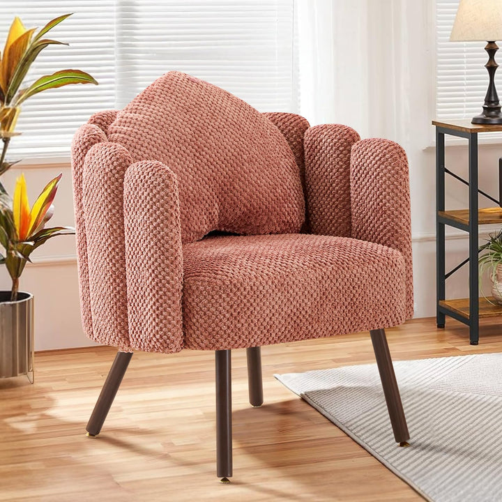 Ckaff Fauteuil de Salon avec Coussin, Fauteuil Coiffeuse avec Dossier Pétale, Chaise Coquillage avec Pied Bois Chaise Coiffeuse Coussin Confortable pour Salon Bureau Chambre (Rose, Lot de 1)