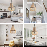 HMASNSEIY Lustre en Perles de Bois, luminaire Suspendu à 8 lumières, Style bohème, E14, plafonnier Semi-encastré, Lustre rétro Vintage Rustique en Perles pour Chambre d'enfant, Hall d'entrée, Couloir