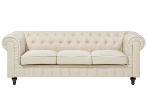 Canapé 3 Places en Tissu Beige Assise Rembourrée Large Dossier Points Chesterfield