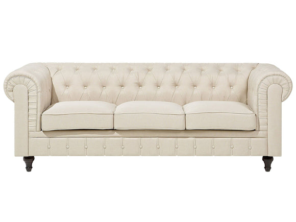 Canapé 3 Places en Tissu Beige Assise Rembourrée Large Dossier Points Chesterfield