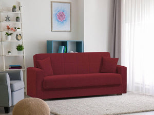 Dmora - Canapé lit 3 places Pinto, Canapé-lit conteneur linéaire, Canapé de salon en tissu rembourré avec ouverture clic-clac, 212x80h87 cm, Rouge