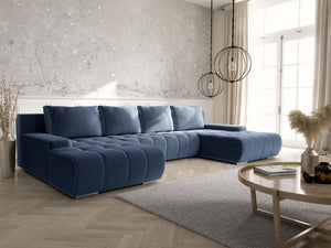 Tendencio Canapé panoramique Convertible BOLUTI en Velours côtelé avec Coffre de Rangement (Bleu)