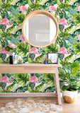 Floralplus Papier peint autocollant flamant rose - Papier peint amovible pour décoration d'intérieur - Papier peint floral vert pour meubles de salle de bain rénové - 45 x 300 cm