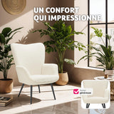 TecTake® Fauteuil Relax Confortable en Tissu Bouclette Fauteuil Scandinave Moelleux avec Accoudoirs & Dossier Ergonomique pour Salle à Manger, Salon, Chambre, Siege Bureau, Allaitement Crème/Noir