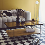 sweeek - Table Basse Vintage en métal Noir avec 2 Plateaux (Verre et décor Bois). Bords arrondis