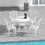 COSTWAY Ensemble Bistrot pour Patio 5 Pièces en Fonte d'Aluminium, Table Ronde avec Trou pour Parasol et 4 Chaises, Salon de Jardin Résistant aux Intempéries pour Jardin Terrasse, Blanc