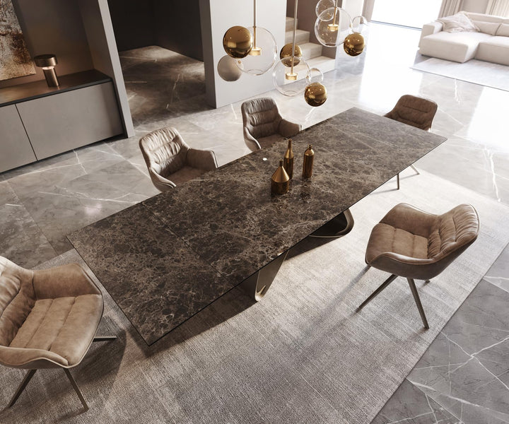 DeLife Table de Salle à Manger Edge Céramique Emperador Extra Lucidato Brun foncé 200-300x100 Piètement en W Finition Effet Titane Extensible