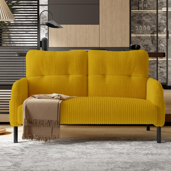 KOMHTOM Petit Canapé 2 Places en Velours Côtelé avec Dossier Haut Confortable, 4 Poches et Pieds en Métal - Canapé d'angle Moderne pour Salon, Chambre à Coucher et Bureau (Jaune-2)