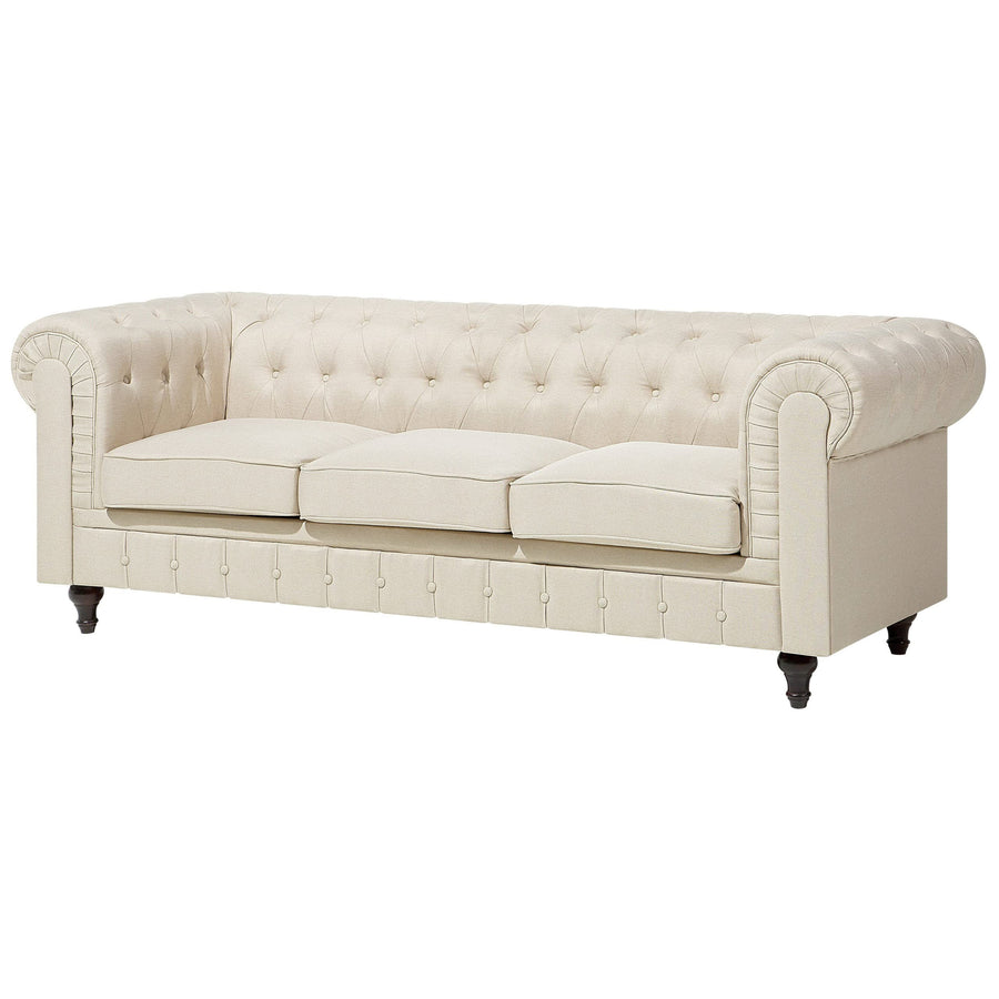 Canapé 3 Places en Tissu Beige Assise Rembourrée Large Dossier Points Chesterfield