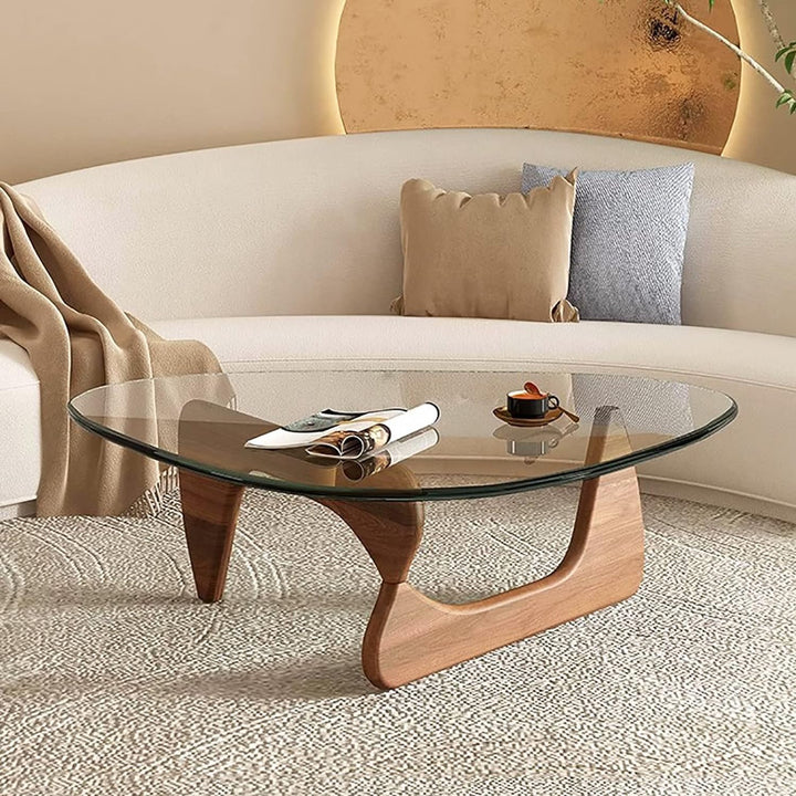 MZBDYYF Table Basse Triangulaire Moderne du Milieu du siècle avec Dessus en Verre et Base en Bois pour Le Salon - Conception Ovale rétro pour Le Bureau à Domicile - Finition Brune Naturelle