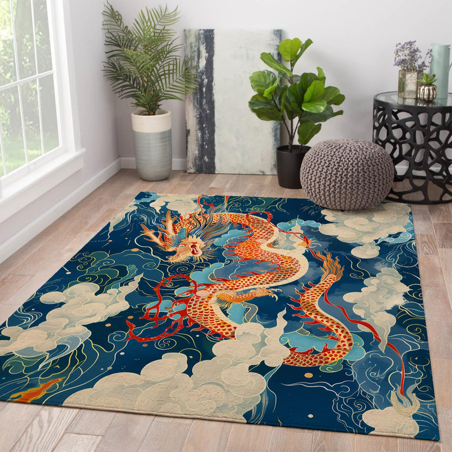 HOBBOY Tapis à Motif de Dragon Chinois Grand Tapis de Style Japonais Tapis de Sol antidérapant pour salon Chambre à Coucher Tapis d’intérieur Tapis Exotique 160 x 230 cm