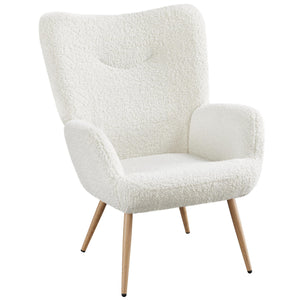 Yaheetech Fauteuil Scandinave en Tissu Bouclette Chaise d'appoint avec Haut Dossier Amovible Capiton Courbé Pieds Fuselés pour Salon Bureau Chambre Blanc