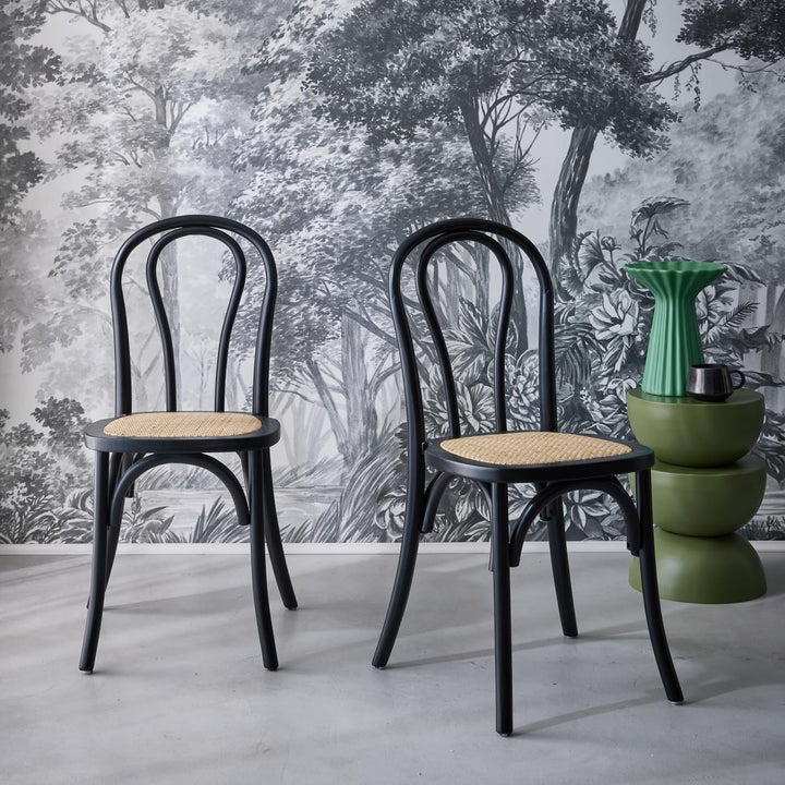 sweeek - Lot de Deux chaises Vintage en Bois avec Assise en rotin et Dossier Arrondi Coloris Noir sweeek - Lot de Deux chaises Vintage en Bois avec Assise en rotin et Dossier Arrondi Coloris Noir