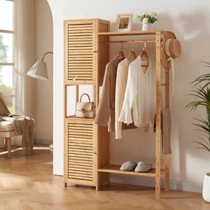 [en.casa] Portant à Vêtements avec Compartiments de Rangement et Barre de Penderie Armoire Ouverte Petit Dressing Style Scandinave pour Chambre Entrée Bambou 164 x 99 x 29 cm Naturel