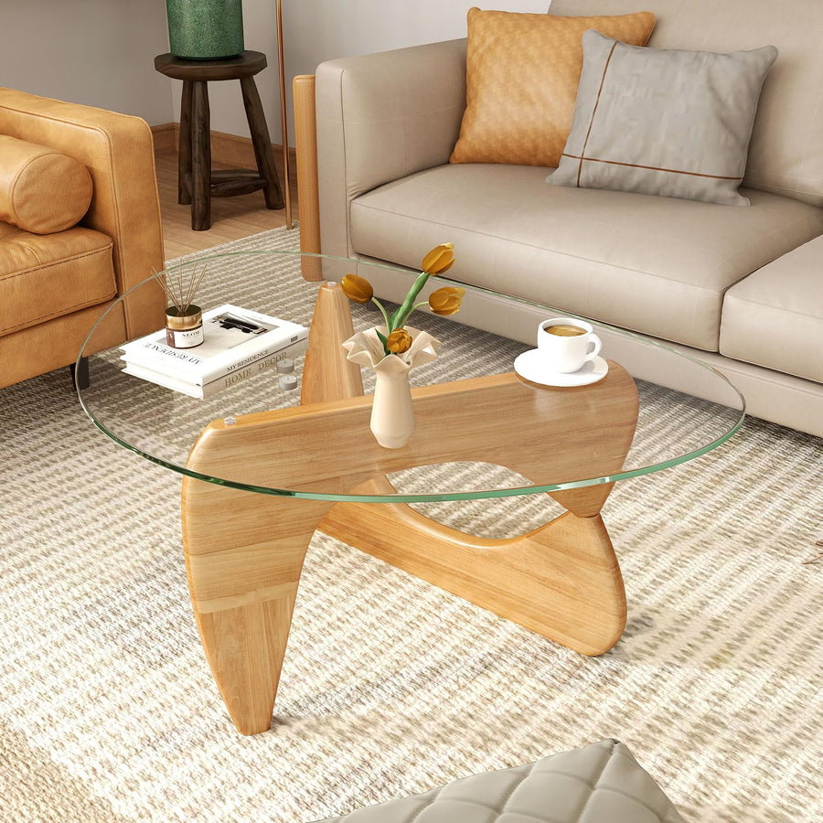 COSTWAY Table Basse Verre, Table Transparente Triangle, Plateau en Verre Trempé, Base en Bois de Caoutchouc Réglable, pour Salon