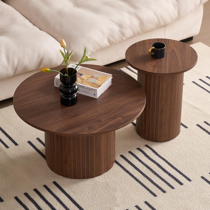 JZGORC Lot de 2 Tables Basses Rondes Modernes, Support de Base de Colonne Romaine, Table D'appoint de Canapé Ronde de Style Ferme, Convient au Salon, au Bureau - Marron Foncé