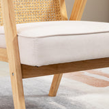HOMCOM Fauteuil de Salon Confortable, Chaise en rotin avec Dossier en cannage, Coussin épais, Assise Profonde, Structure en Bois hévéa Tissu Aspect Lin Beige