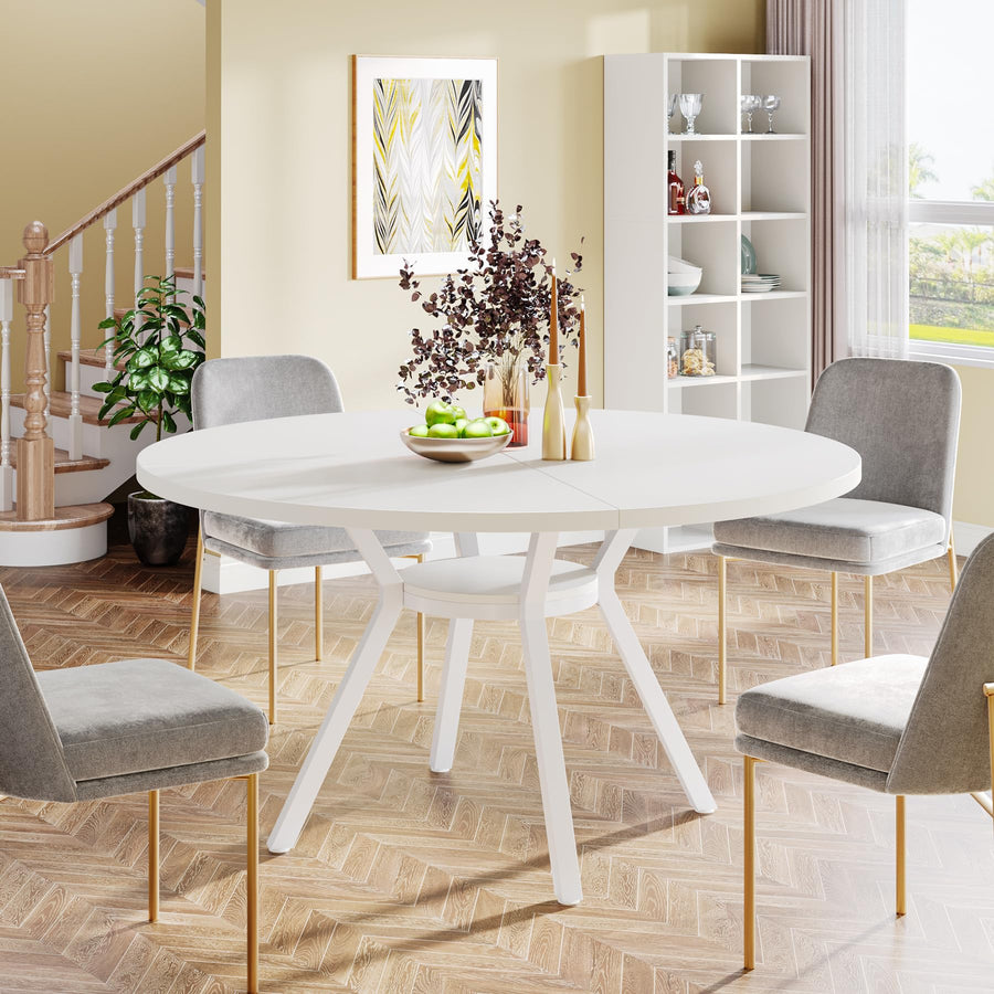 Table de Salle à Manger Ronde avec Plateau Effet MDF,120 * 120 * 75cm, avec Quatre Pieds en Métal, Blanche,Rétro Scandinave Parfaite (Blanche) Table de Salle à Manger Ronde avec Plateau Effet MDF,120 * 120 * 75cm, avec Quatre Pieds en Métal, Blanche,Rétro Scandinave Parfaite (Blanche)