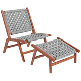 Outsunny Fauteuil de Jardin avec Repose-Pieds - Chaise Relax en Bois d'acacia et Corde résine tressée - Naturel, Gris