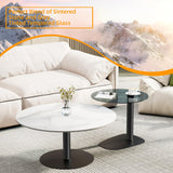 FATIVO Lot de 2 Tables Basses Gigognes: Table Basse Ronde de Salon Design Table à Café Moderne en Pierre Frittée Blanche avec Petite Table Basse en Verre Grise - 80x38.5cm + 50x45cm